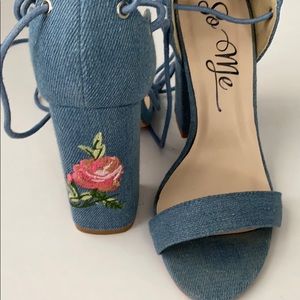 Denim chunky heels with floral embroidered back